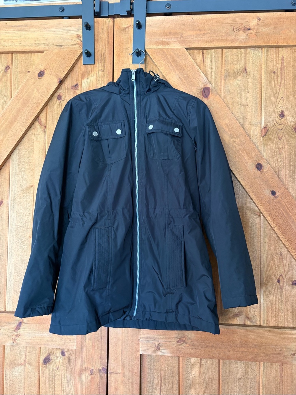 London Fog Black Hooded Raincoat with Front Zip